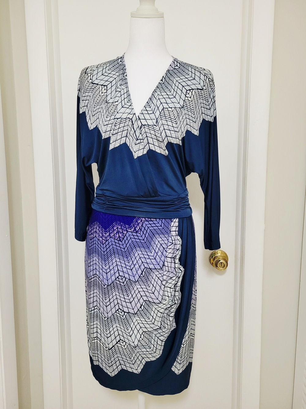 BCBGMaxAzria Navy, White & Purple Printed Midi Dress